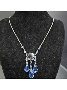 Vintage Blue Glass Crystal Drop Necklace 16 Inches With Chain